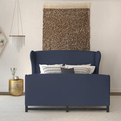Herbert Wingback Bed w/ Footboard - Blue Print Box Weave Linen