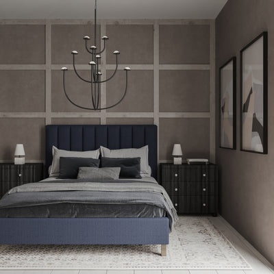 Highline Vertical Channel Panel Bed - Blue Print Plush Velvet