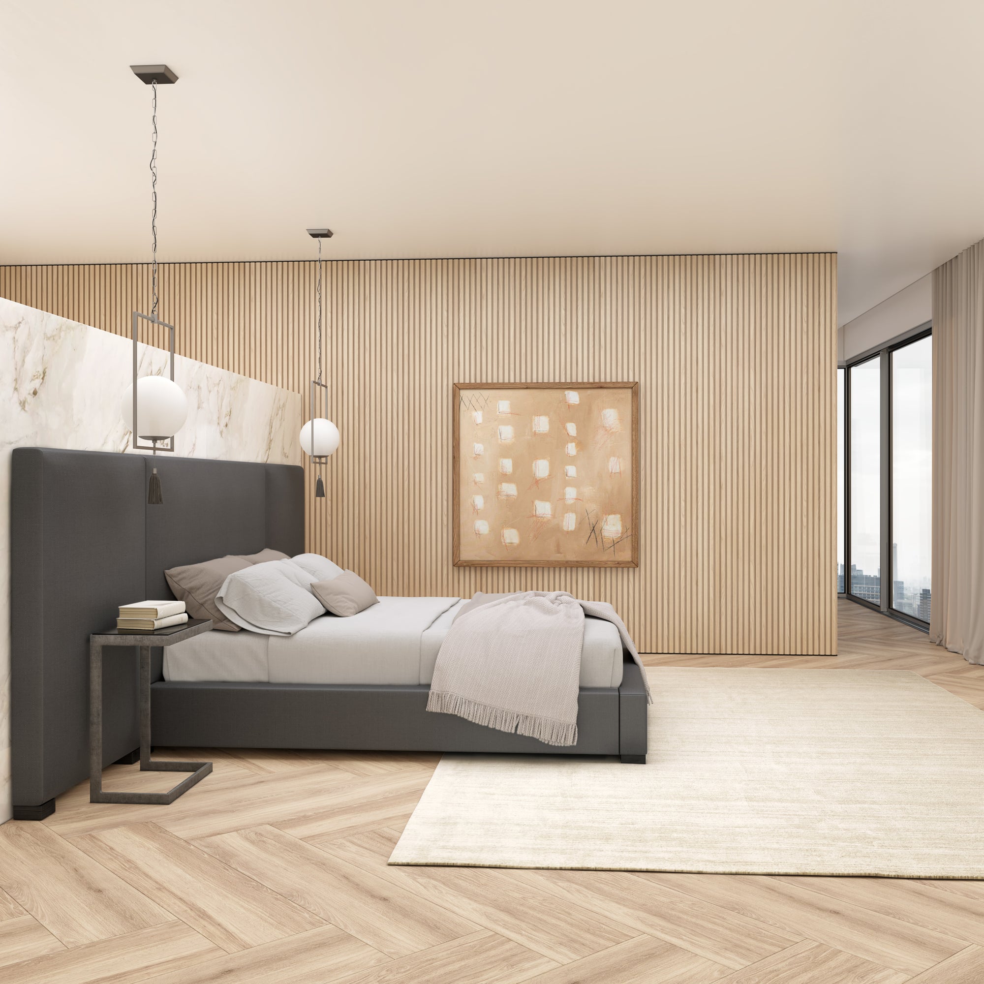 Prospect Extended Panel Bed - Graphite Pebble Weave Linen